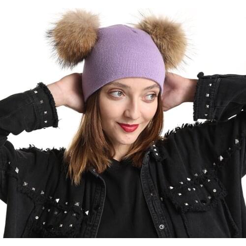 Cute Mother Baby Winter Hats For Women Double Fur Pompom Cap Two Layers Warm Knitted Beanies Real Fur Pom Pom Hat