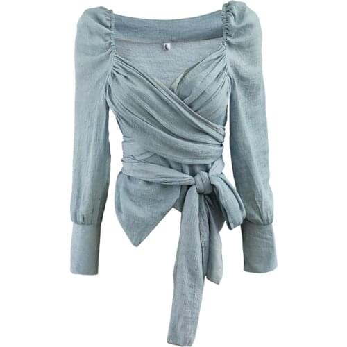 DANCING WINGS Korean Style Sexy Deep V Neck Backless Lace-Up Bandage Blouse Womens Cotton Tops