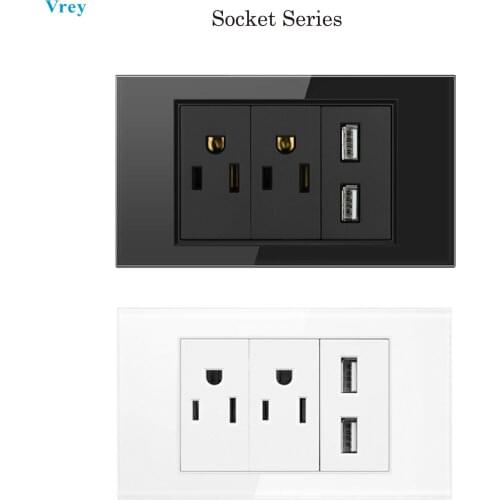 VREY US standard dual power socket 14A dual USB2.1A charging port, luxurious tempered glass panel