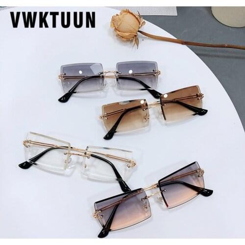 VWKTUUN Rectangle Sunglasses Women Men Rimless Sun glasses UV400 Points Gradient Sunglasses Woman Gold Metal Small Frame Shades