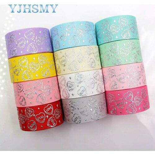 YJHSMY D-18407-637,25 mm 5 Yards laser Silver Love heart Printed grosgrain ribbon DIY headdress wedding gift wrap material