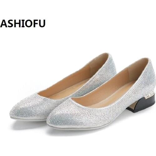 ASHIOFU Handmade Womens Wedding Pumps Crystal Sexy Party Prom Slip-on Dress Shoes Large Size Fashion Evening Court Shoes