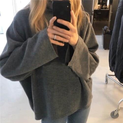 Womens Knitted Loose Sweater Turtleneck Warm Long Sleeve Pullovers knitwear Sweaters Casual Female Chic Asymmetrical Tops