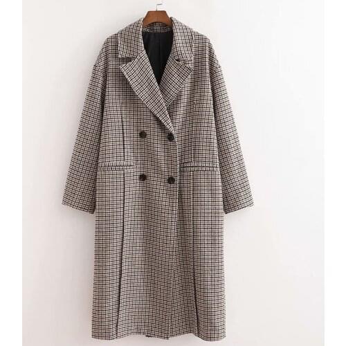 2021 New Winter Women Plaid Woolen Coat Turn Down Collar Double Breasted Long Wool Coat Women Long Sleeves Warm Coat