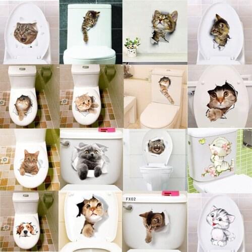 3d Hole Cat Dog Toilet Stickers Home Decor Diy Funny Cartoon Animal Wc Mural Art Vivid 3d Puppy Safari Wall Decal PCV stickers