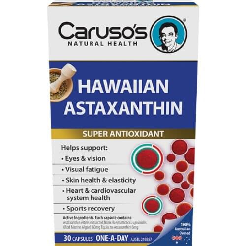 Australia Carusos Hawaiian Astaxanthin 30Capsule Antioxidant Eye Ageing Skin Heart Cardiovascular Health Recovery after Exercise