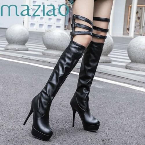 Round Toe buckle Over Knee Thigh High Boots Hollow Women Autumn Winter SexyThin High Heels Platform Party Women Shoes MAZIAO