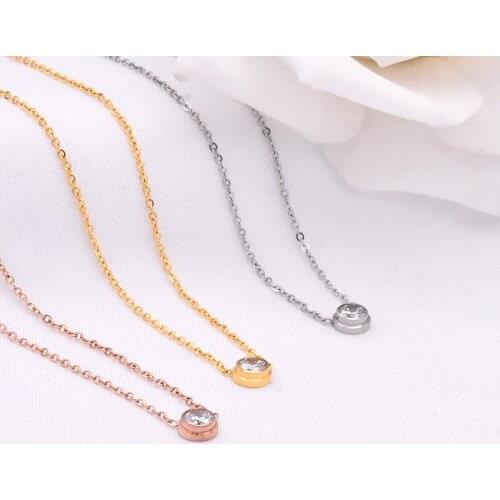 Luxury Woman Wedding Jewelry Accessories Silver Gold Color Stainless Steel Single Cubic Zirconia Pendant Necklace No Fade