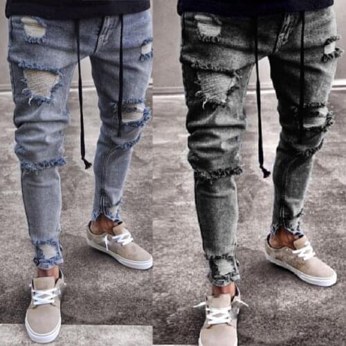 European and American fashion jeans for mens new grey perforated elastic zipper mens Leggings Pencil pants