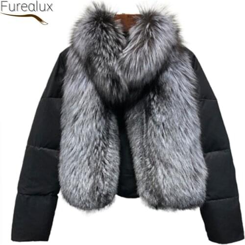 FUREALUX New Arrivals In Winter High Quality Natural Real Fox Fur Collar Womens Short Down Jacket Fashion Casual Warm Jacket