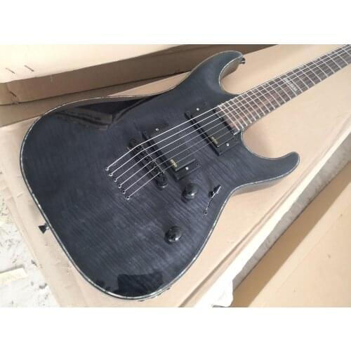 Custom 6 strings guitar,flamed maple veneer,black 1000 guitar,pearl binding,strings through body,black buttons