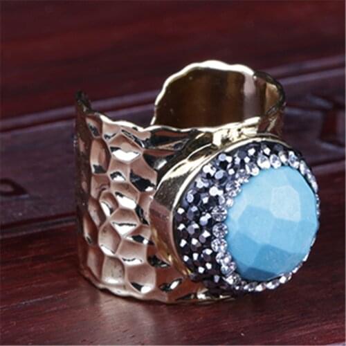 Faceted cut natural turquoises stone bead charm wrapped resizable wide gold open hammered pattern ring cuff for woman man