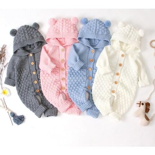 Baby Knitt Romper Kids Clothing Warm Outfit Infant Autumn Winter Boys Girls Knitted Cardigan Hooded Toddler Clothes