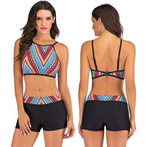 Womens High Neck Halter Bikini Set Swimsuit Printed Two Piece Swimsuits High Waisted Sport Boyshorts Bathing Suit Swimwear Crop