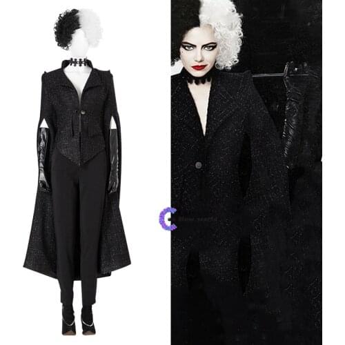 Anime Cruella Cosplay Costume Overcoat Black Uniform Woman Trench Coat Outfits Movie Adult Clothing Halloween Party Dress