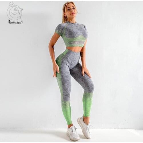 Seamless Yoga Suit Short sleeve Sports Shirts Crop Top Seamless Leggings Sport Set Gym Fitness Tracksuit Workout Set Femme