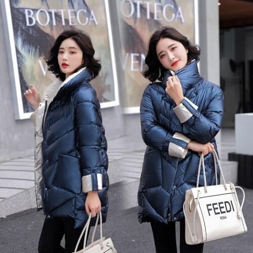 Stand Collar Winter Womens Thick Cotton Padded Jacket Glossy Warm Long Puffer Coat for Female Plus Size Zipper Parkas Outwear