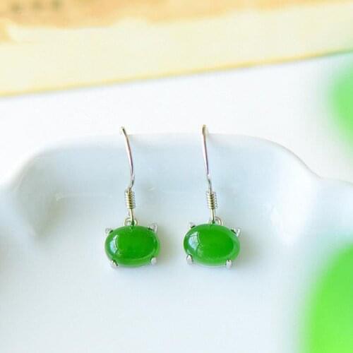 Small Eardrops Womens Short Small Refined Grace Ear Hook Earrings Sterling Silver Anti-Allergy Hetian Jade Green Earrings