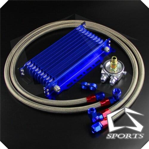 10 Row Trust Oil Cooler w/ 262mm Mounting Bracket + Filter Adapter Hose Kit Blue