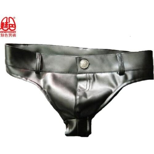 MEISE Mens Wear Brand Black Fad Men Underwear Dew Buttocks Briefs Hiphuggers Waist Protection Shaping PU Faux Leather Briefs