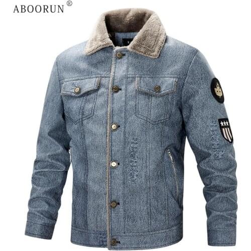 ABOORUN Mens Winter Faux Leather Fleece Jacket Imitation Denim Ripped Motorcycle Coat for Male