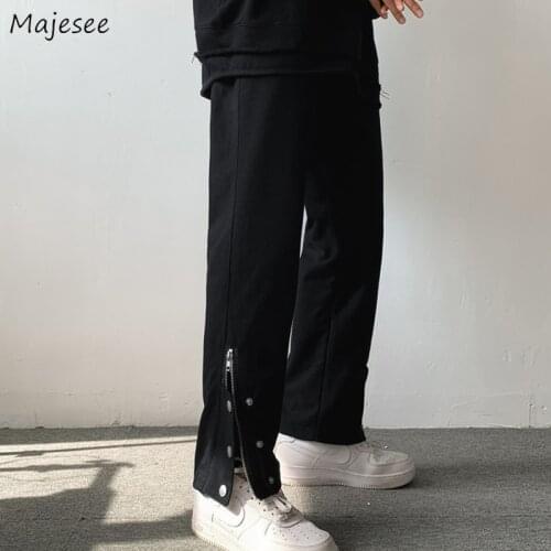 Men Ankle-length Casual Pants Solid European Style Cargo High Street Hip-hop Buttons Side-slit Designed Retro Hipsters Simple