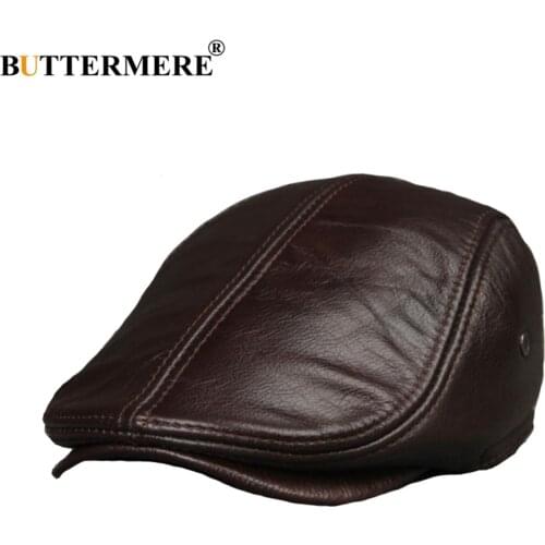 BUTTERMERE Men Leather Berets Coffee Duckbill Ivy Caps Male Fitted Flat Hat Genuine Leather Luxury Winter Warm Painters Hat