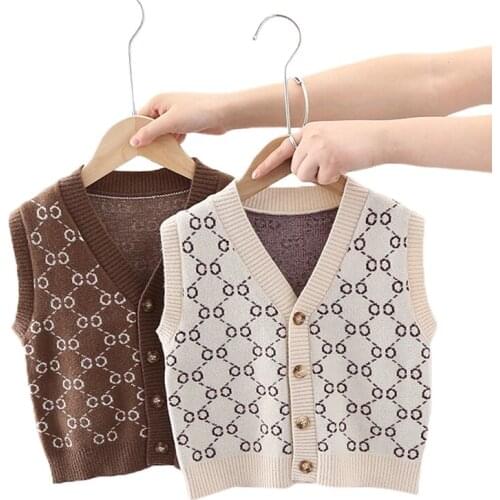 2021 New Boys Knitted Sweater Vest Toddler boy clothes V Collar Cardigan Girls Coat Cotton Kids Waistcoats 2-8 Years