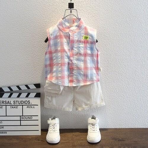 New Boys Sets Sleeveless Shirt+Shorts Kids Clothing Sets Plaid Shirt Childrens Clothing Square Collar Baby Boys Clothes 1-5 Y