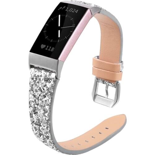 Luxucy Women Replacemet Bling Wristbands For Fitbit Charge 3 4 Smart Watch Belts Bling Glitter PU Leather Adjustable Strap Band