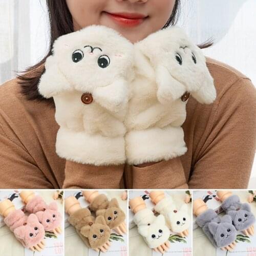 Richkeda Store New 2021 Sale-Plush Women Flip Half-finger Gloves Cartoon Cat Warm Mittens Thicken Short Girls Fingerless Gloves