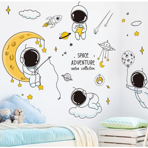 [SHIJUEHEZI] Cartoon Astronaut Wall Stickers DIY Outer Space Mural Decals for House Kids Rooms Baby Bedroom Wardrobe Decoration