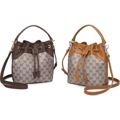 Women Lightweight Retro Printing Bucket Bag Luxury PU Leather Brand Designer Fashion Crossbody Shoulder Handbag Purse Small