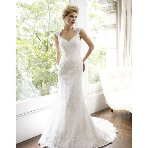 Free shipping bridal gowns vestido de noiva 2015 new design cap sleeve custom lace appliques vintage mermaid wedding dress