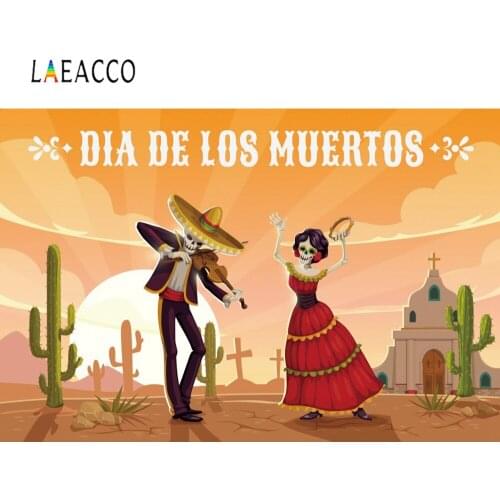 Laeacco Vinyl Backdrop Photography Day Of Dead DIA DE LOS MUERTOS Church Cactus Musical Party Photo Background For Photo Studio