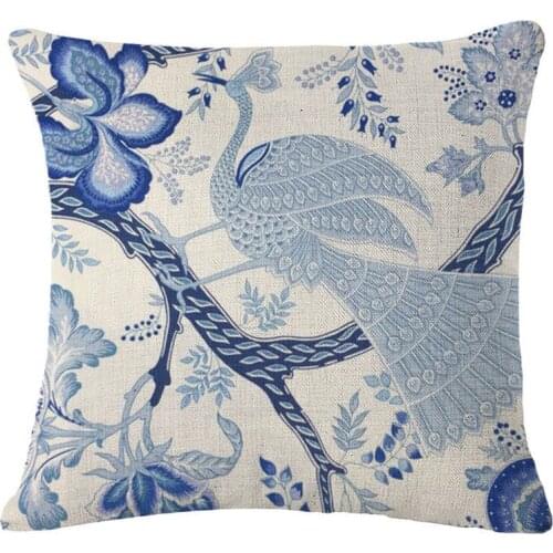 Vintage Pillow Cover Linen Cotton Print Pillowcase Blue Flowers Birds Pillow Case Sofa Waist Throw Cushion Cover Home Car Decor