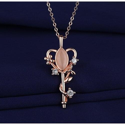 Womens New Fashion Romantic Flower Key-Design Pendant Necklaces Opal Stone Plant Vine Pendant Female Rose Gold Neck Accessory