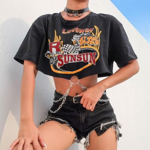 Bola 2021 Summer New Trend Hip-Hop Printing Hit Color Short Chain Decoration Loose Hip-Hop T-Shirt Women