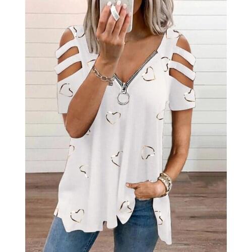 2021 Summer Holiday Women Casual V Neck Heart Printed Short Sleeve Top Blousees Fashion Ladies Black T-Shirts Loungewear Ropa