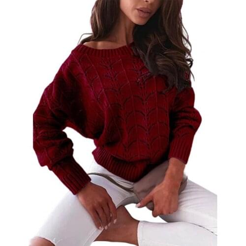 Elegant Women Sweater Autumn Winter Pullover Solid Color Batwing Sleeve Hollow Out Off Shoulder Knitted Sweater Streetwear