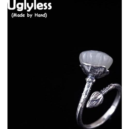 Uglyless 100% Real 925 Sterling Silver Lotus Open Rings for Women Natural Jade Lotus Flower Ring Ethnic Thai Silver Fine Jewelry