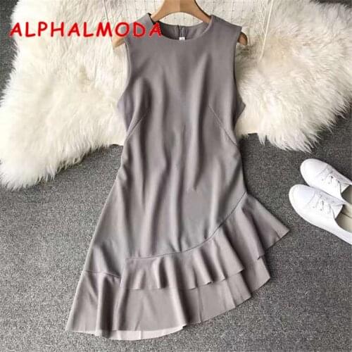ALPHALMODA 2019 Summer Women Sleeveless Tank Dress Irregular Ruffled Hem Ladies Slim Fit Mini Cute Vestidos