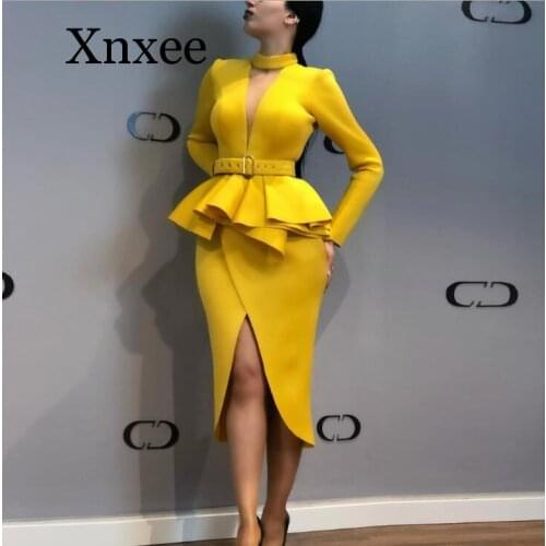 Office style Yellow v -neck Women Dress Plus Size Elegant Ladies Long Sleeve Ruffle Long Evening Party Sexy Split dress office