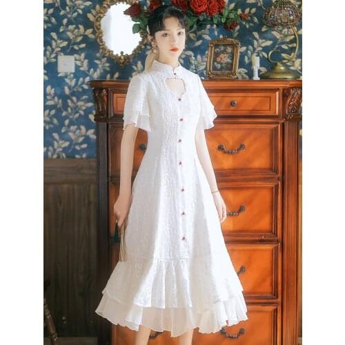 Summer New Style Chinese Style Flying Sleeves White Heavy Industry Embroidered Retro Dress Improved Girl Cheongsam Long Dress