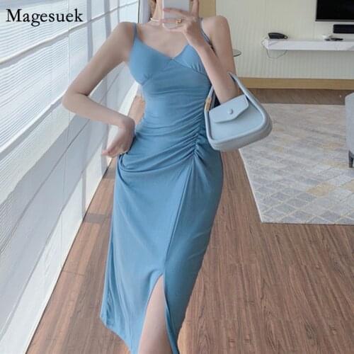 Split Sexy Summer Party Dress Women Robes Backless Elegant Slim Blue Sling Dress Female Pleated Evening Prom Long Dresses 14686