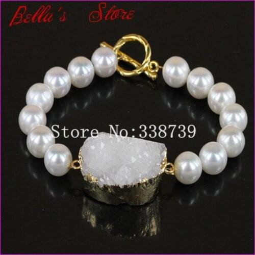 1pc Fashion White Freshwater Pearl Gold Toggle CLasp Bracelet,Nature White Druzy Stone Bracelet,Drusy Quartz Bangle