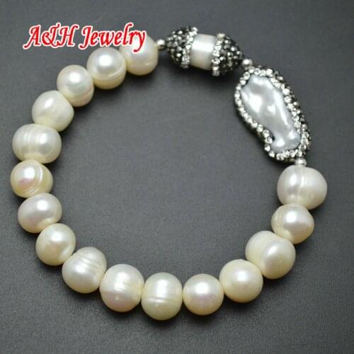 10pc High Quality 8~10mm Natural Freshwater Pearls With Rhinestone Paved Setting Charms Fashion Women Stretch Bracelets