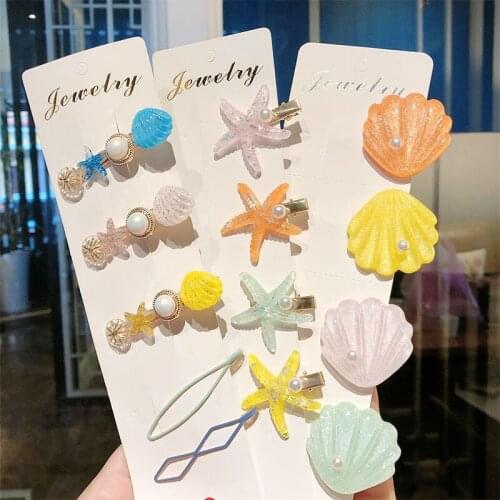 2Pcs/set New Women Girls Hair Accessories Candy Color Starfish Shell Hair Pins Girls Cute Pearls Hair Clips Barrettes Headdress