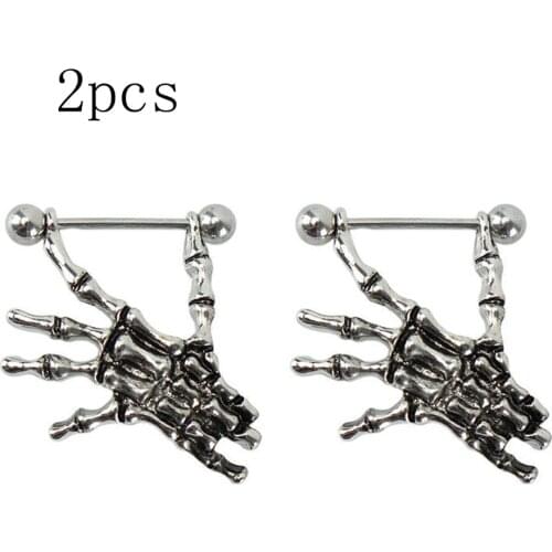 2Pcs Creative Cool Skeleton Piercing Skull Hand Shield Nipple Piercing Sexy Bar Rings Jewelry Punk Body Jewelry