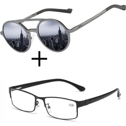 2Pcs!!! Alloy High Quality Ultralight Bussiness Style Reading Glasses and Double Bridge Round Sunglasses Men Women Sun Glasses